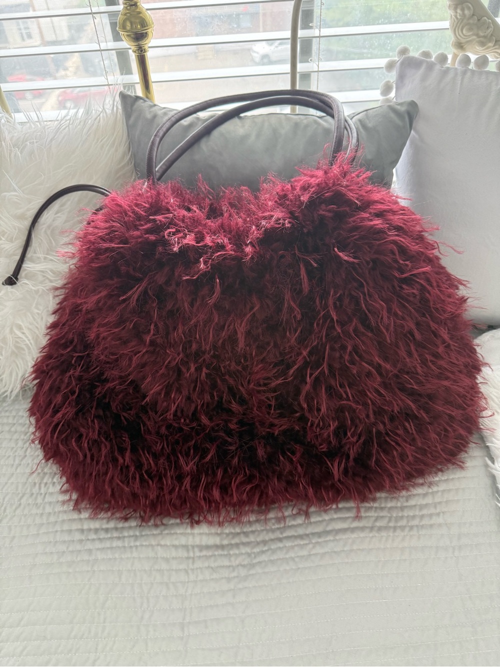 ASOS DESIGN faux fur shopper tote bag in burgundy